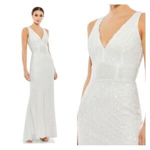 Mac Duggal White Sequin Sleeveless V Neck Column Gown Size 16 $338 4930 Wedding
